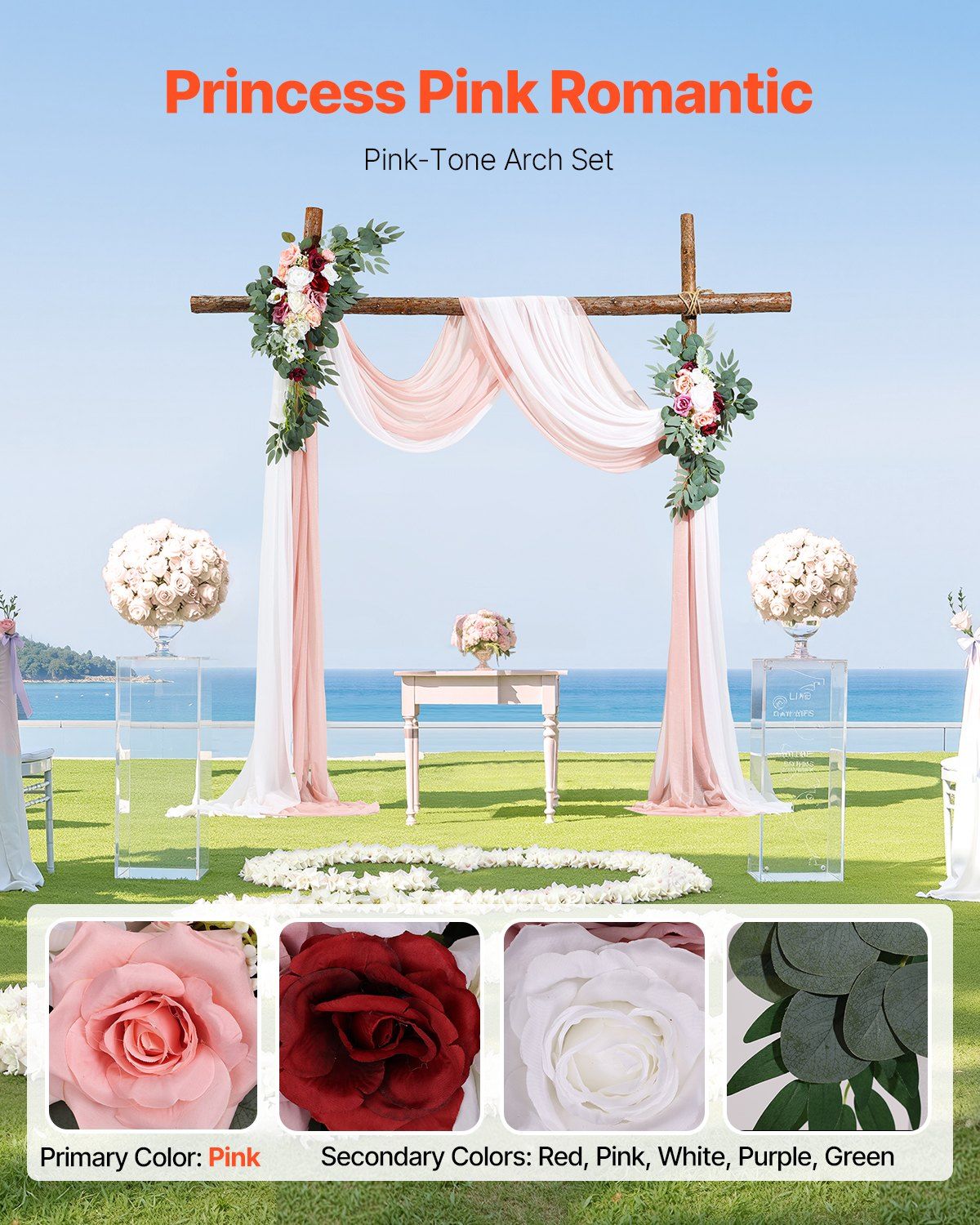 Princess Pink Romantic artificial wedding arch flowers kit with pink drapes and floral accents set up outdoors by the sea