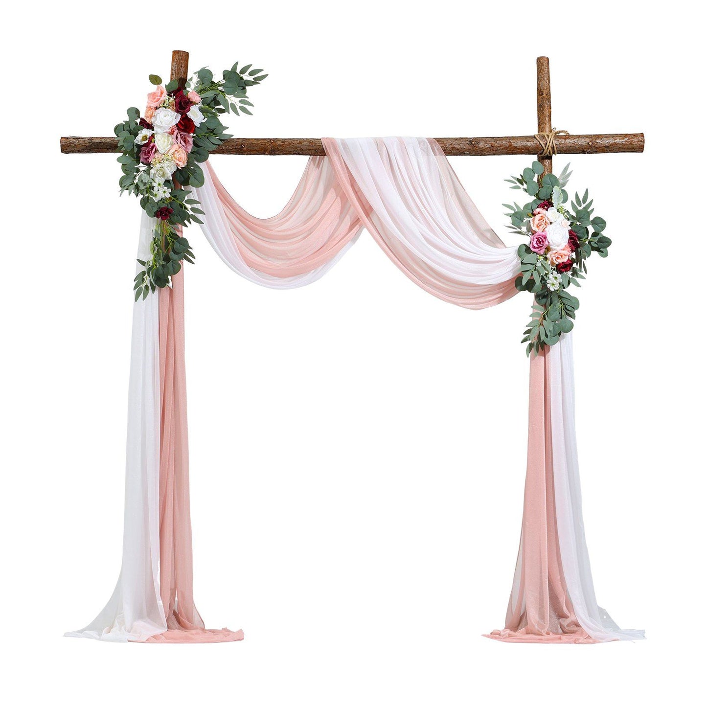 Rustic wedding arch decorated with pink and white fabric and artificial wedding arch flowers kit with greenery