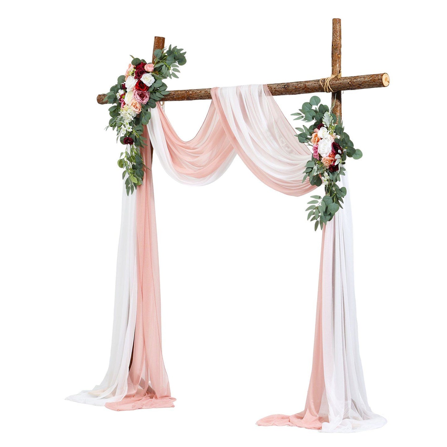 Rustic wooden wedding arch decorated with pink and white drapes and artificial wedding arch flowers kit