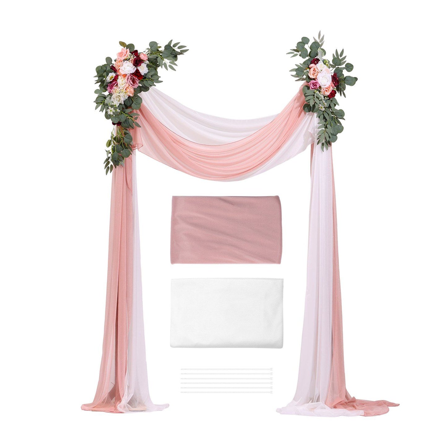Artificial wedding arch flowers kit with pink and white drapes and floral decorations from FauxMart.com