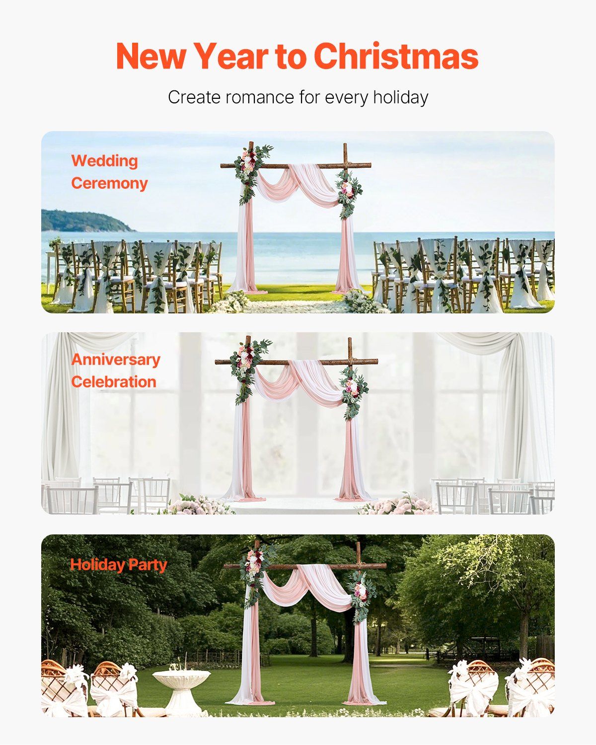 Artificial wedding arch flowers kit decorated with pink drapes and greenery for wedding, anniversary, and holiday party setups