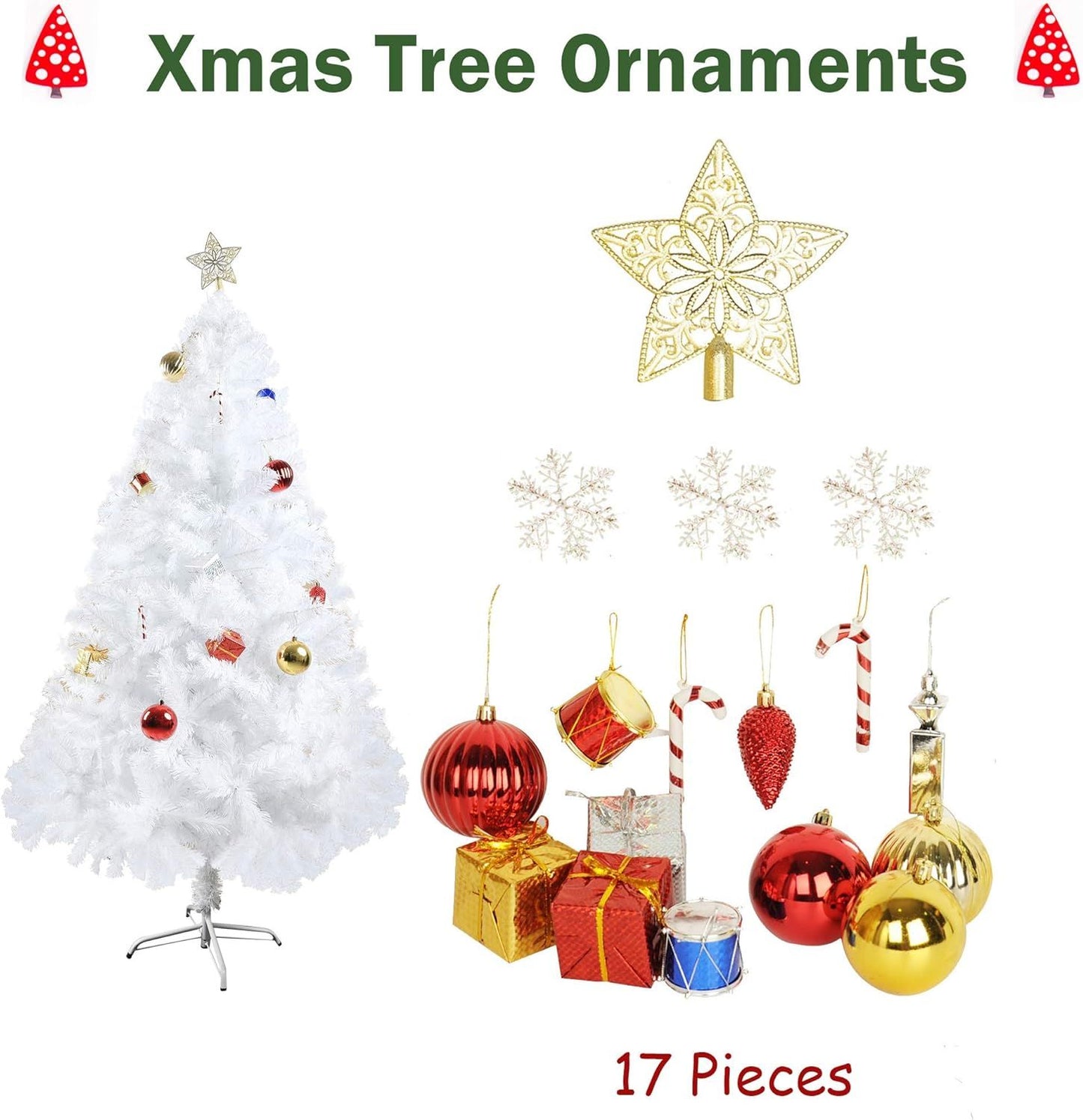 White artificial Christmas tree decorated with red and gold ornaments and holiday decorations set of 17 pieces