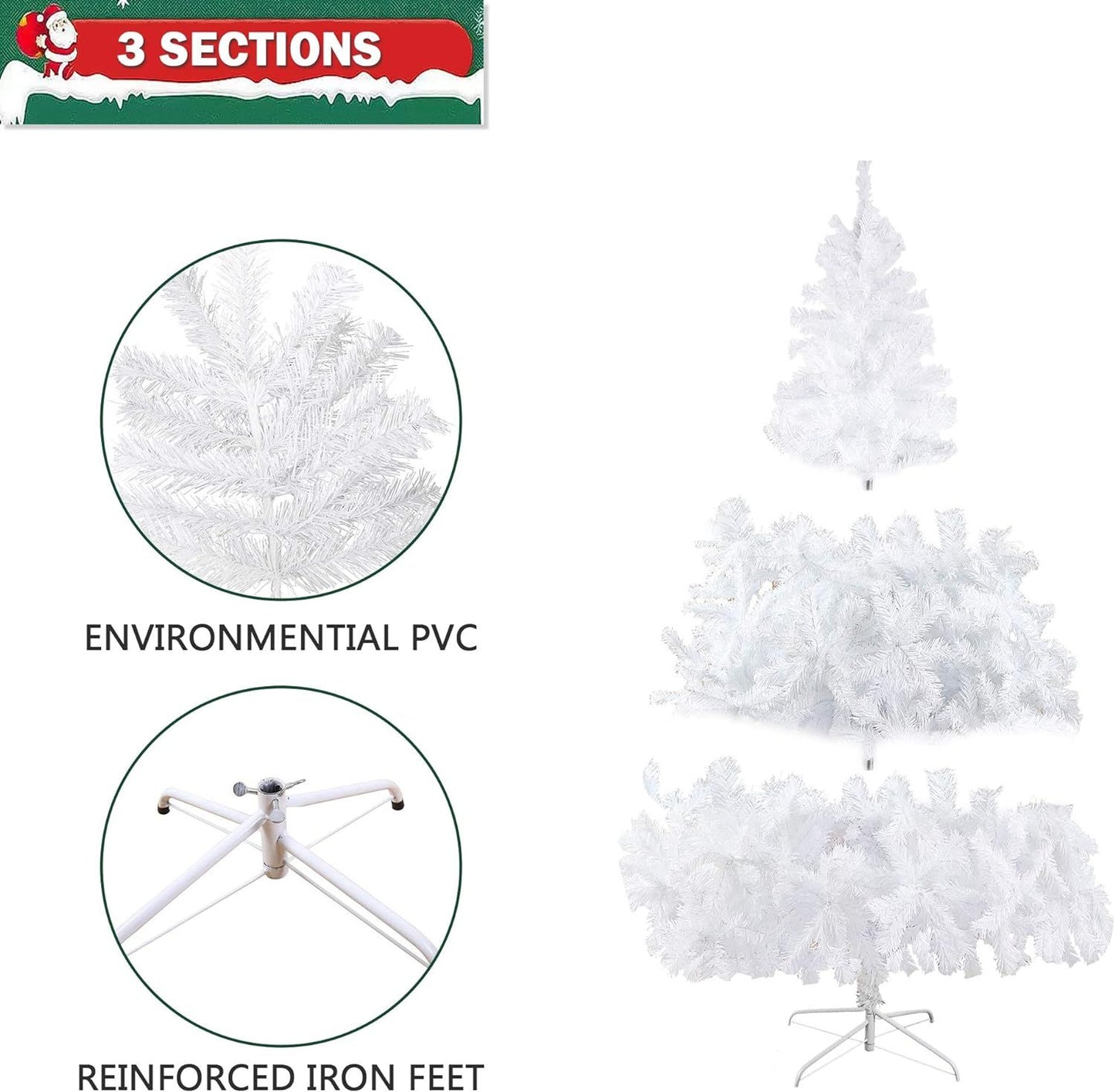 White artificial Christmas tree with three sections made of environmental PVC and reinforced iron feet