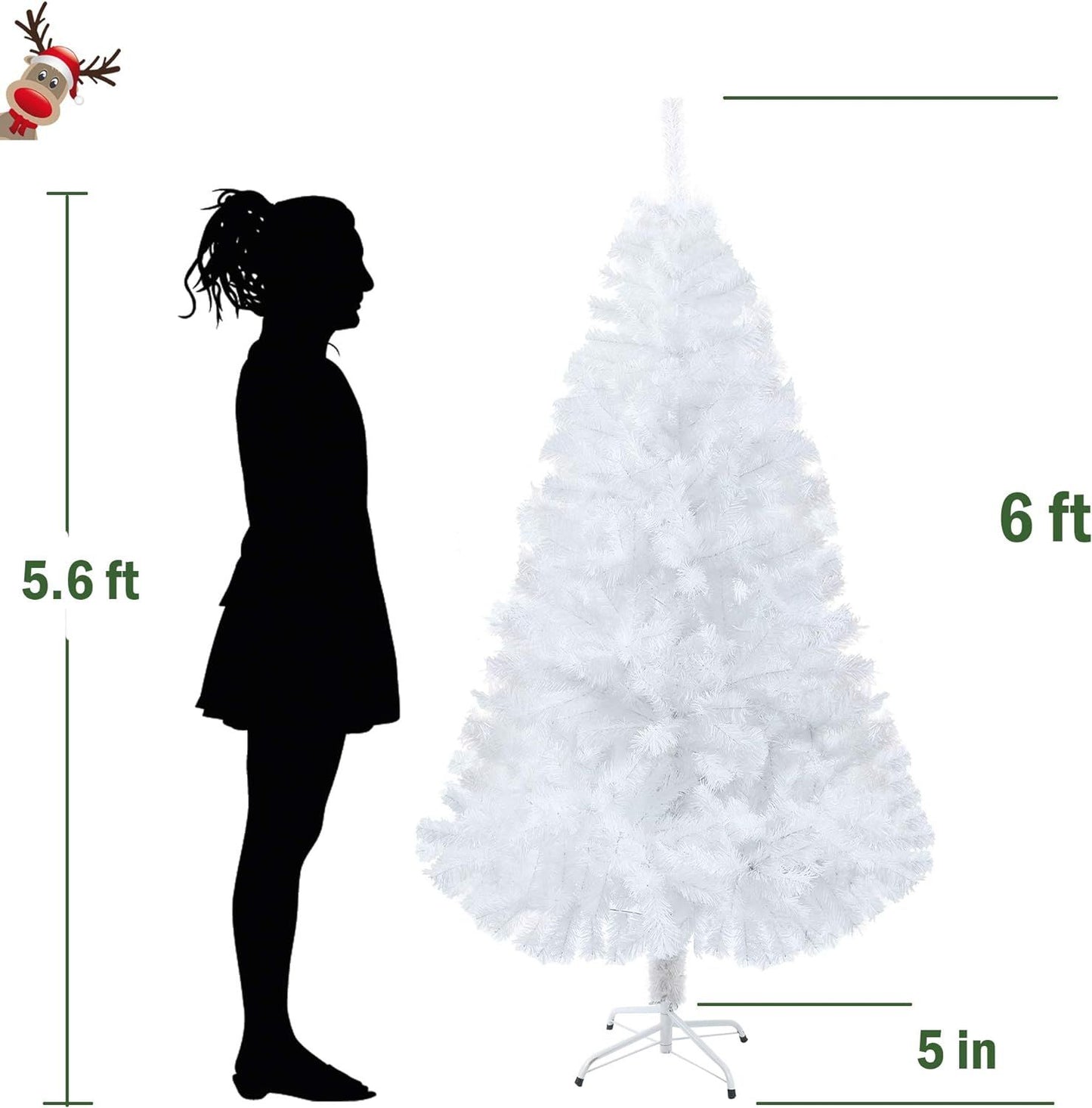 6 ft tall white artificial Christmas tree with full branches next to silhouette of a 5.6 ft person