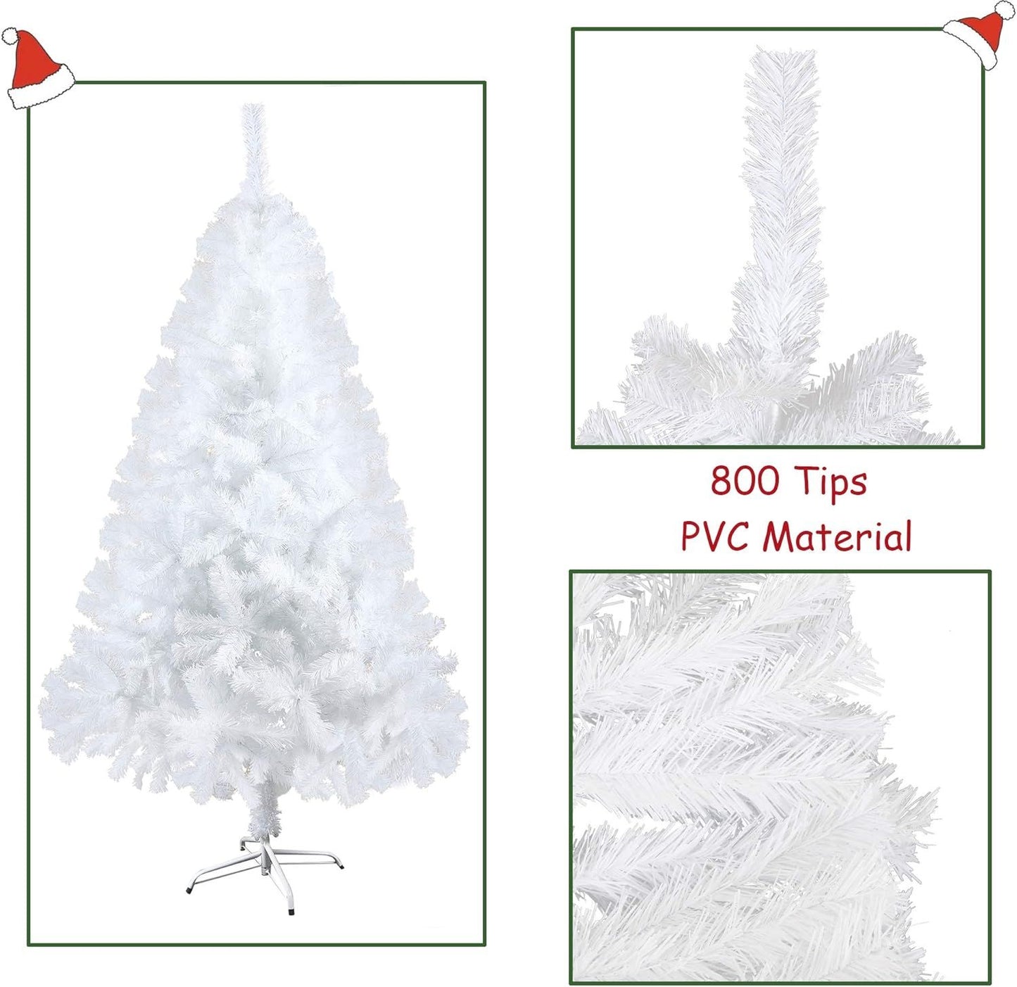 White artificial Christmas tree with 800 tips and PVC material shown from multiple angles