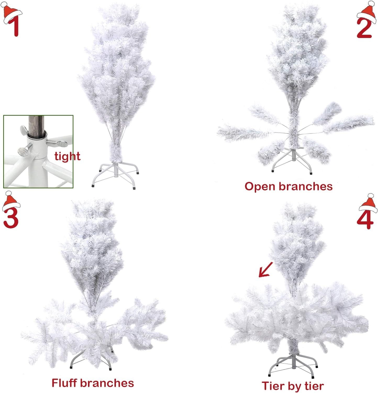 White artificial Christmas tree from FauxMart.com showing assembly steps with tight frame, open branches, fluffy branches, and tier by tier setup