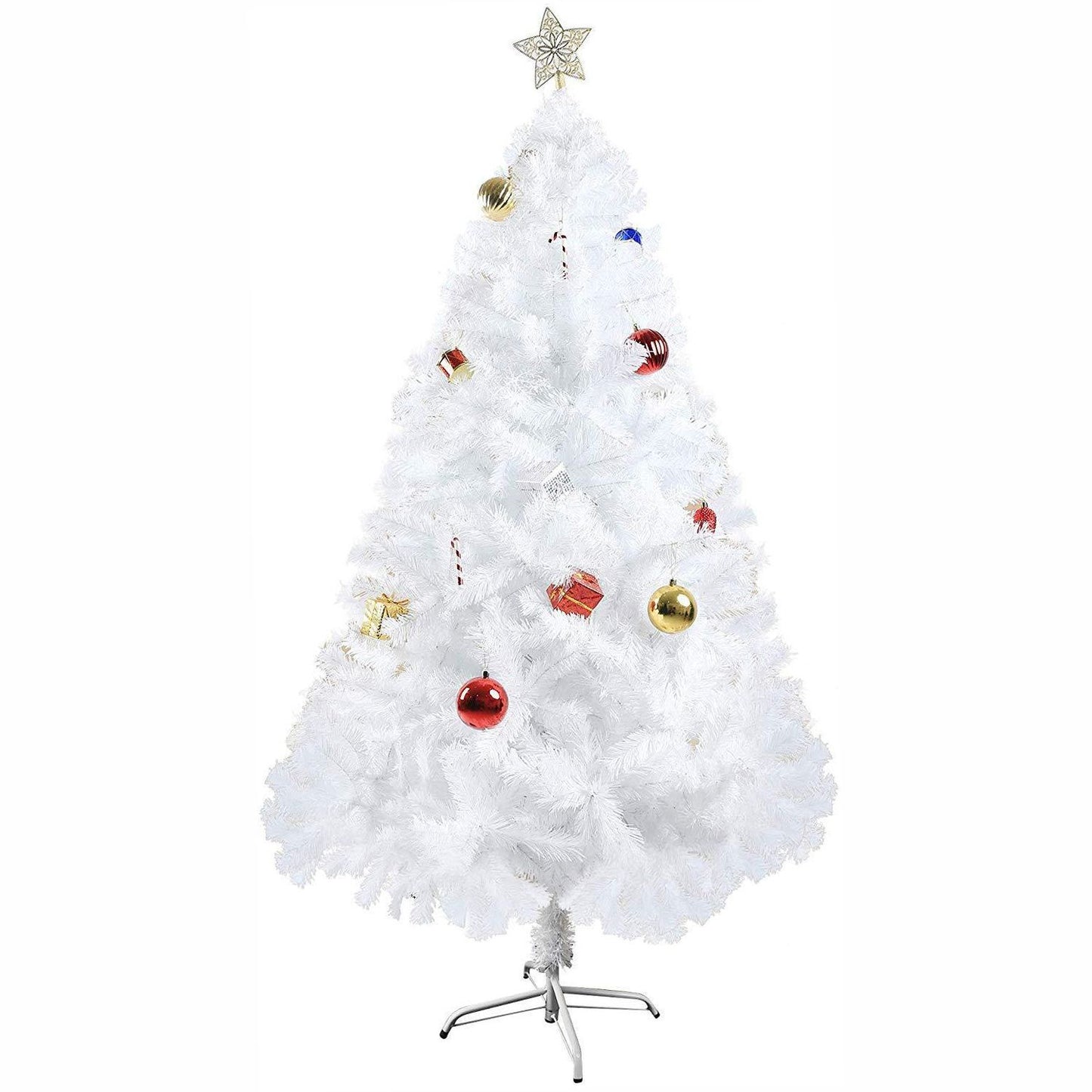 White artificial Christmas tree decorated with red and gold ornaments and topped with a star