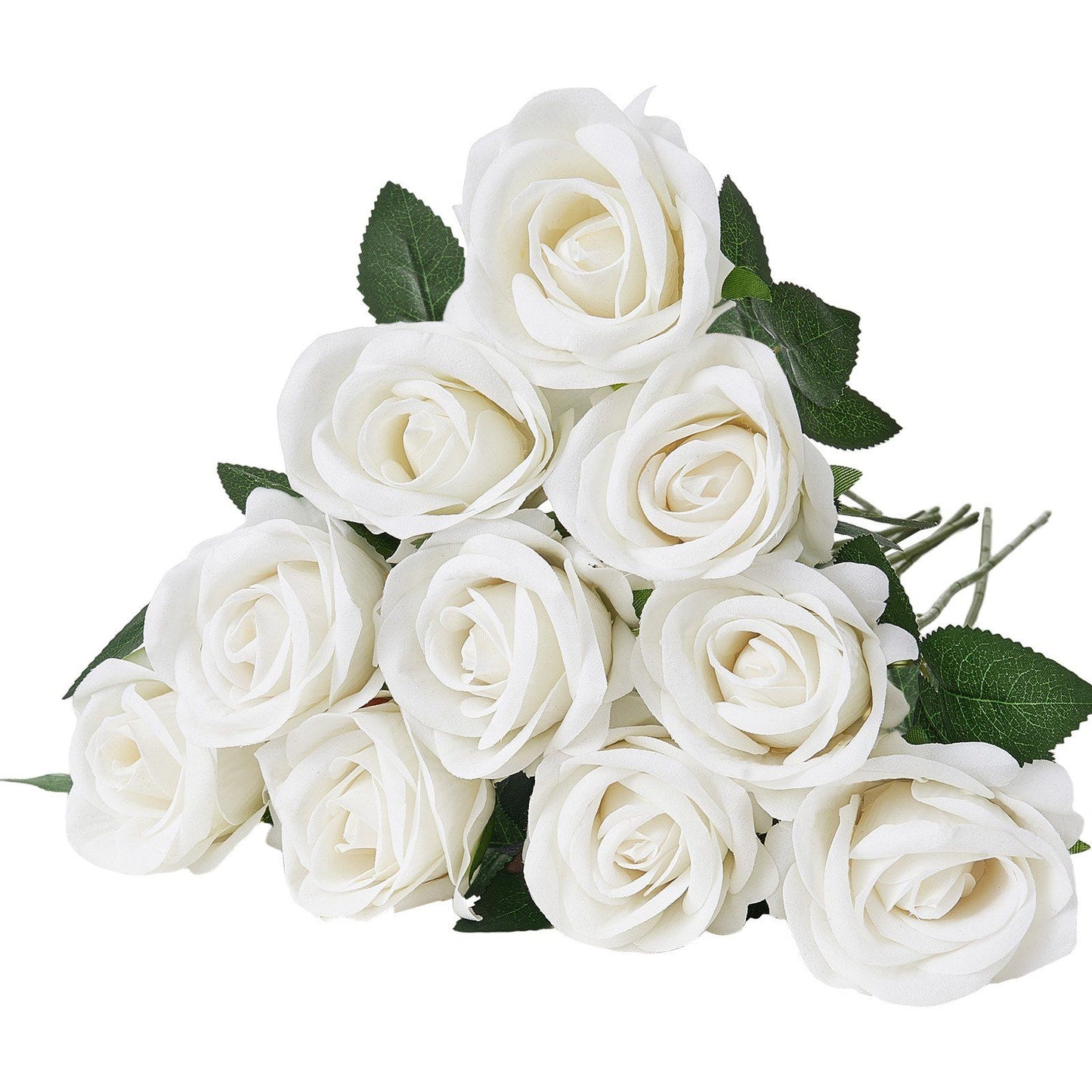 White artificial roses bouquet with green leaves arranged in a full and elegant display