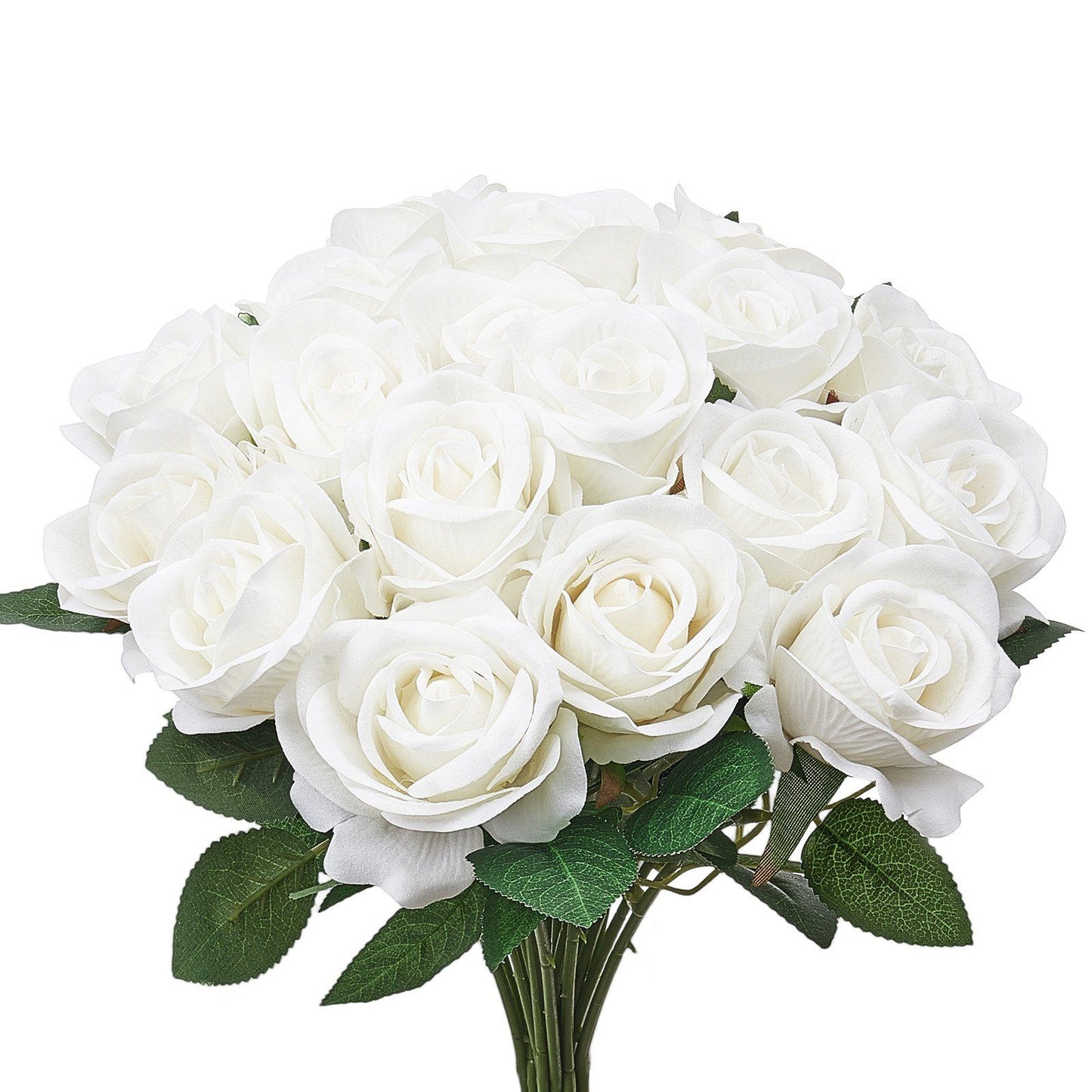 White artificial roses bouquet with lush green leaves from FauxMart.com perfect for home decor