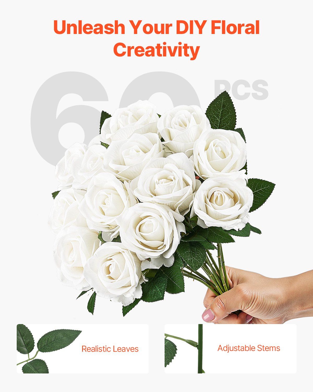Hand holding white artificial roses bouquet with realistic leaves and adjustable stems from FauxMart.com