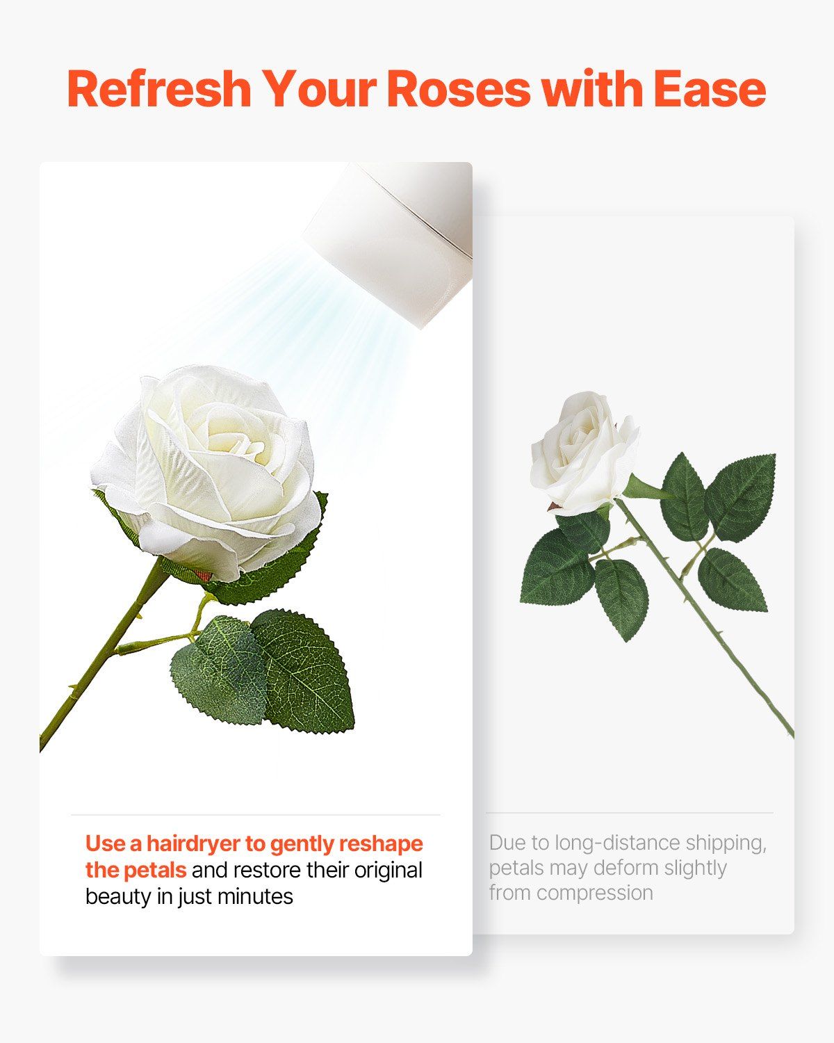 Close-up of white artificial roses bouquet being refreshed with a hairdryer to reshape petals