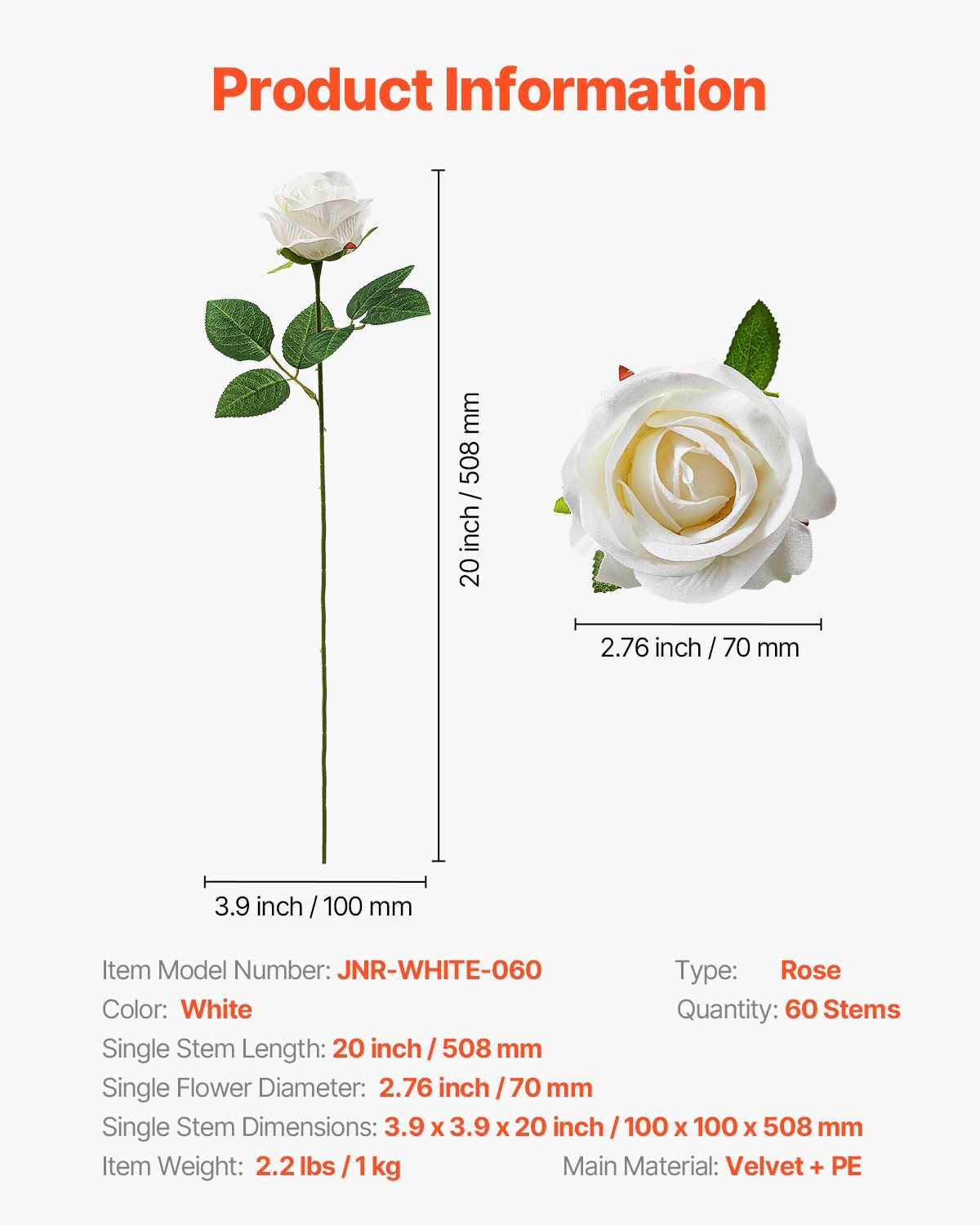 White artificial roses bouquet single stem with velvet petals and green leaves measuring 20 inches tall