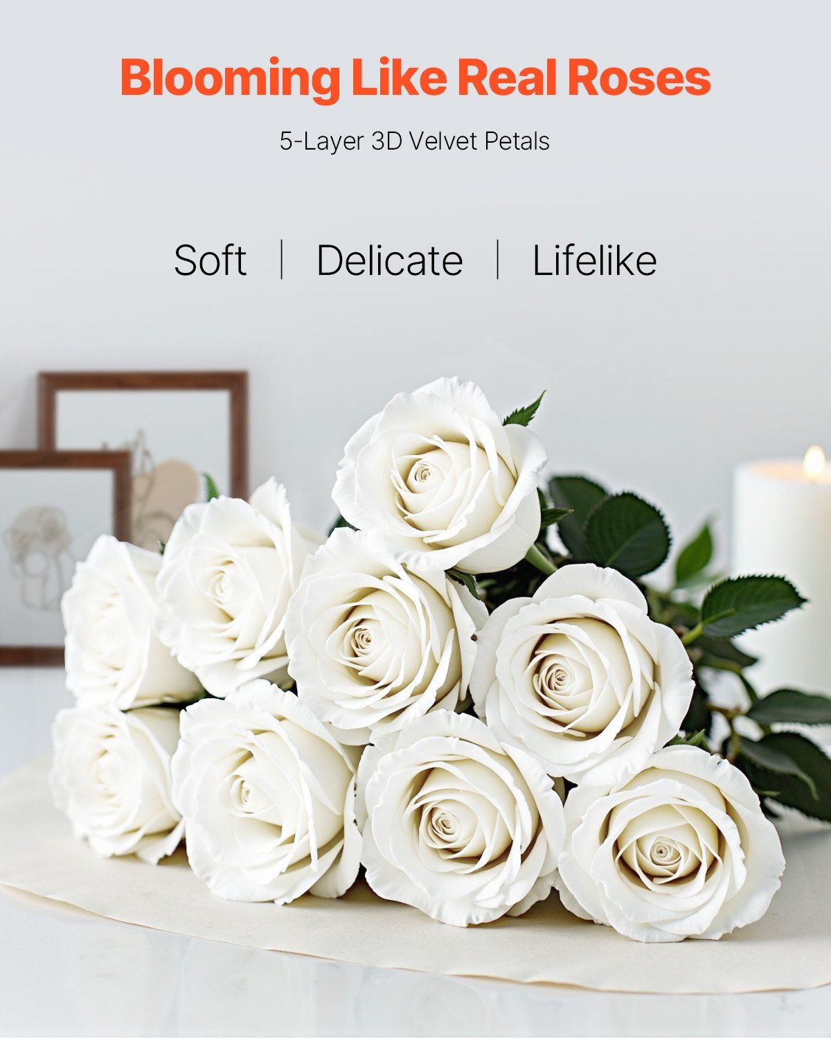 White artificial roses bouquet with soft 5-layer 3D velvet petals, delicate and lifelike flowers