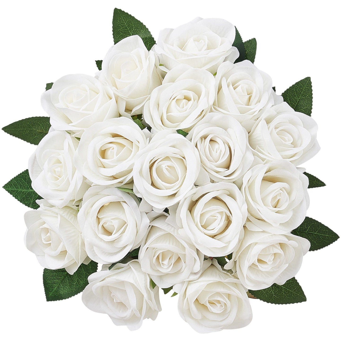White artificial roses bouquet with green leaves from FauxMart.com, perfect for elegant decoration