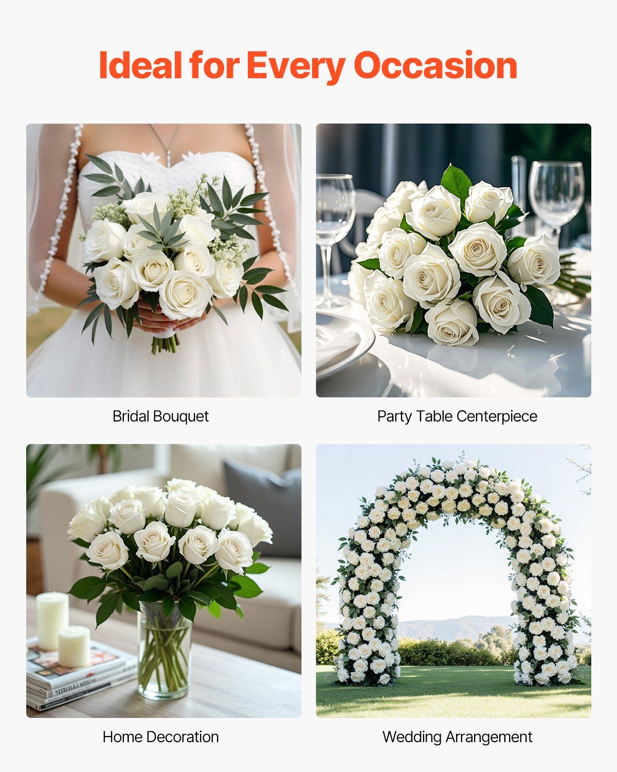 White artificial roses bouquet used in bridal bouquet, party table centerpiece, home decoration, and wedding arrangement