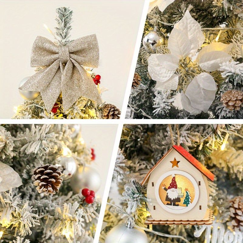 White snow Christmas tree 7ft indoor outdoor decorated with glitter bow, pine cones, white poinsettias, and wooden gnome house ornament