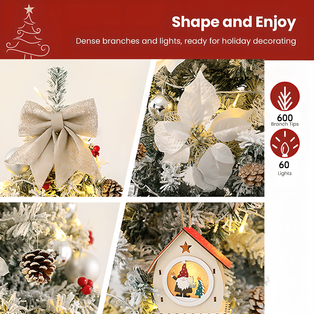 Close up details of white snow Christmas tree 7ft indoor outdoor with dense branches and 60 warm lights