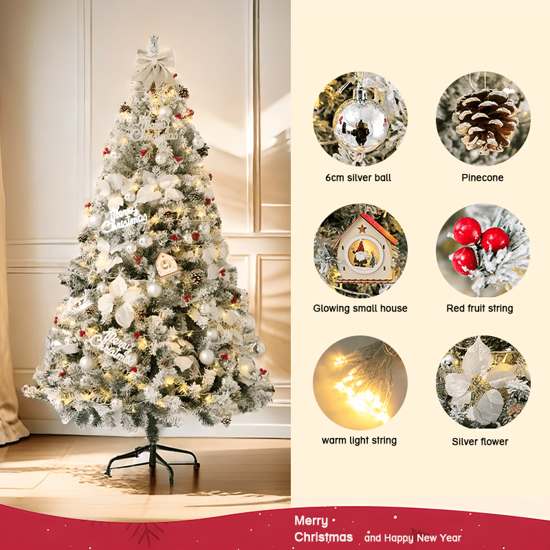 White snow Christmas tree 7ft indoor outdoor decorated with silver balls pinecones glowing house red fruit string warm lights and silver flowers