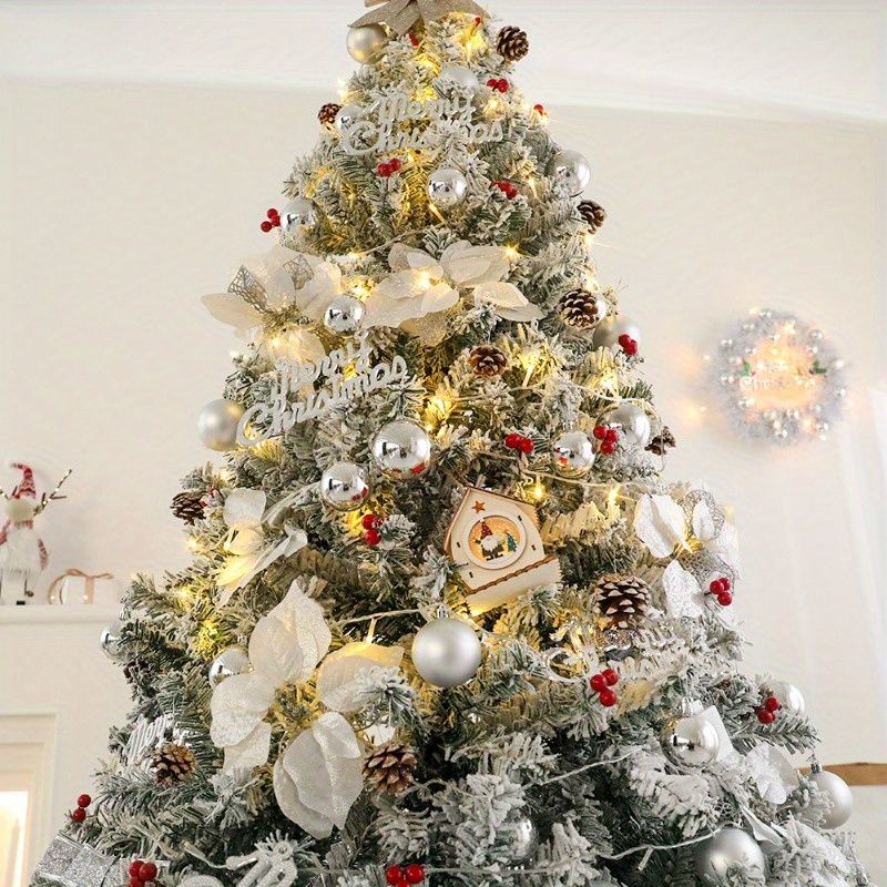 White snow Christmas tree 7ft indoor outdoor decorated with lights pine cones and silver ornaments