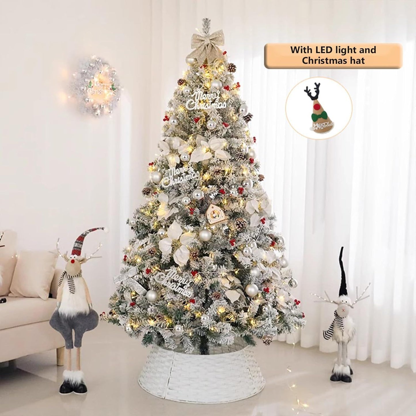 White snow Christmas tree 7ft indoor outdoor decorated with LED lights, ornaments, and Christmas hat
