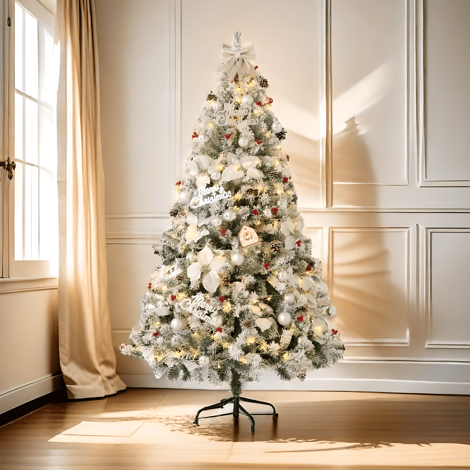 White snow Christmas tree 7ft indoor outdoor decorated with white and red ornaments in living room