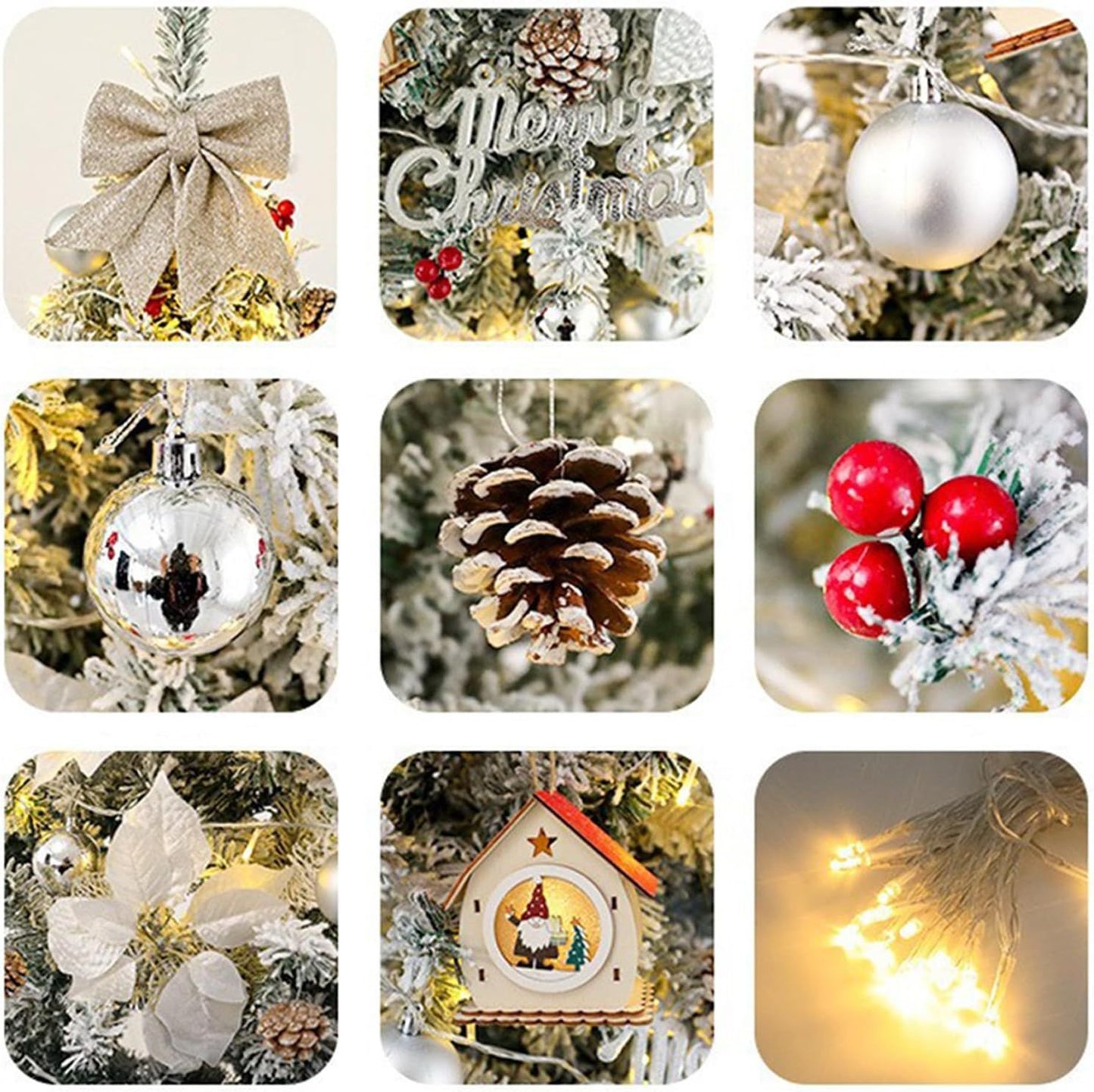 Close-up details of white snow Christmas tree 7ft indoor outdoor including ornaments lights and pine cones