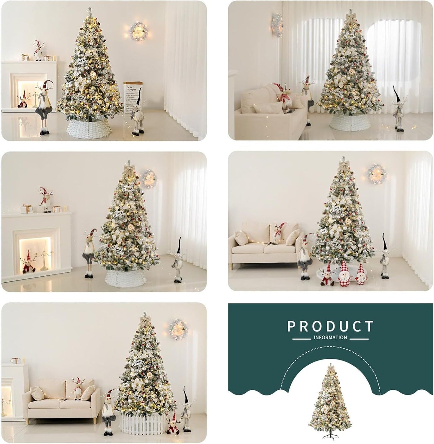 White snow Christmas tree 7ft indoor outdoor decorated with lights and ornaments in modern living room