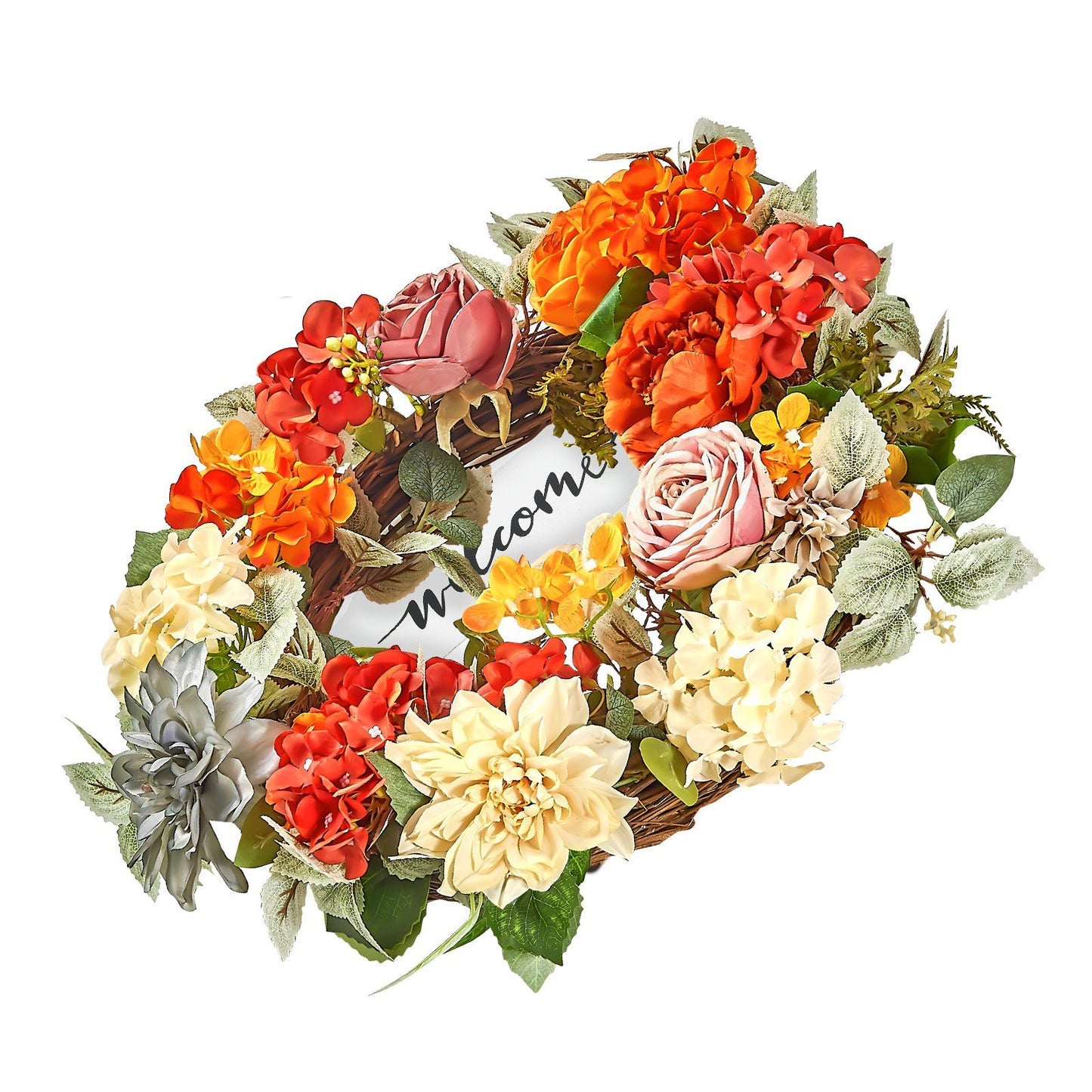 Colorful artificial hydrangea rose wreath with orange, pink, cream flowers and green leaves on welcome sign