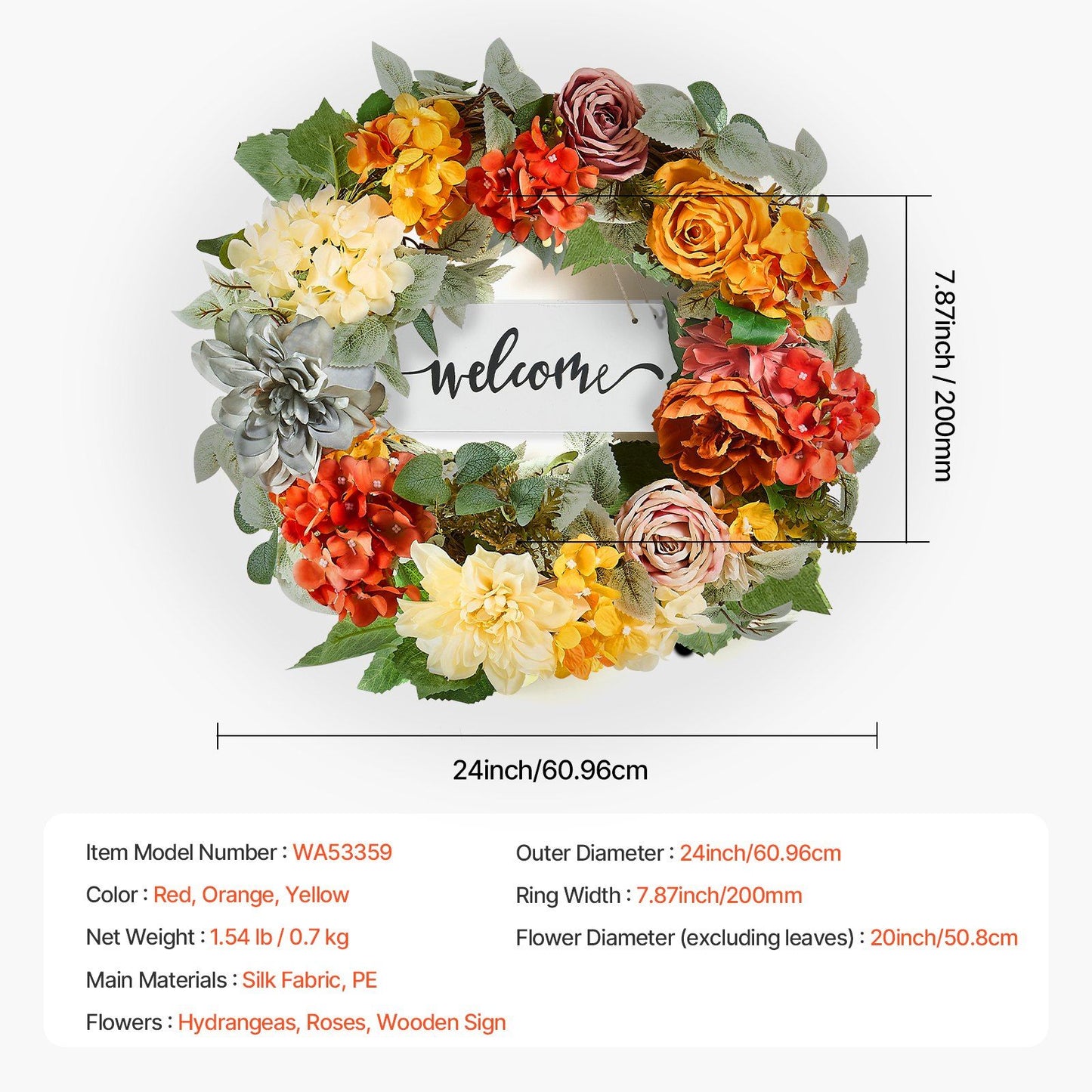 Artificial hydrangea rose wreath with red orange yellow flowers and welcome sign 24 inch diameter