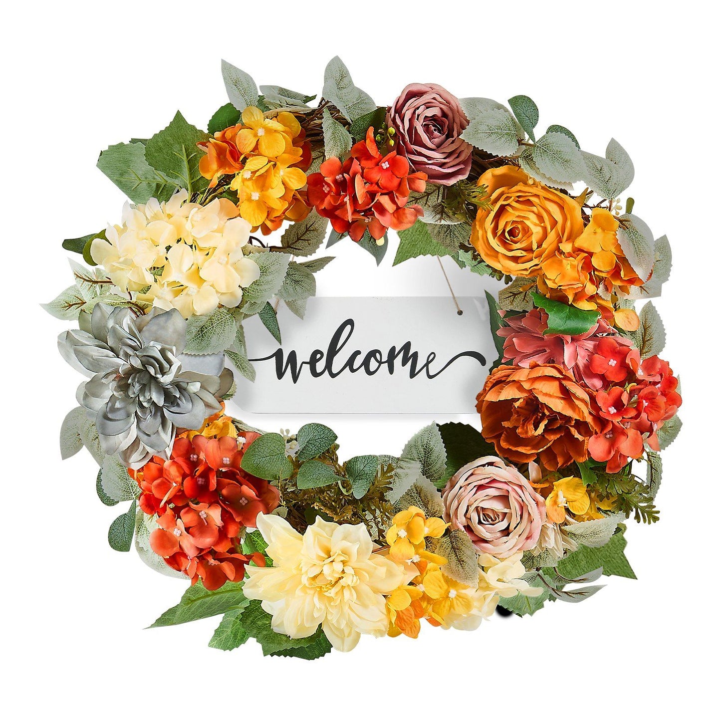 Colorful artificial hydrangea rose wreath with welcome sign and green leaves for home decor