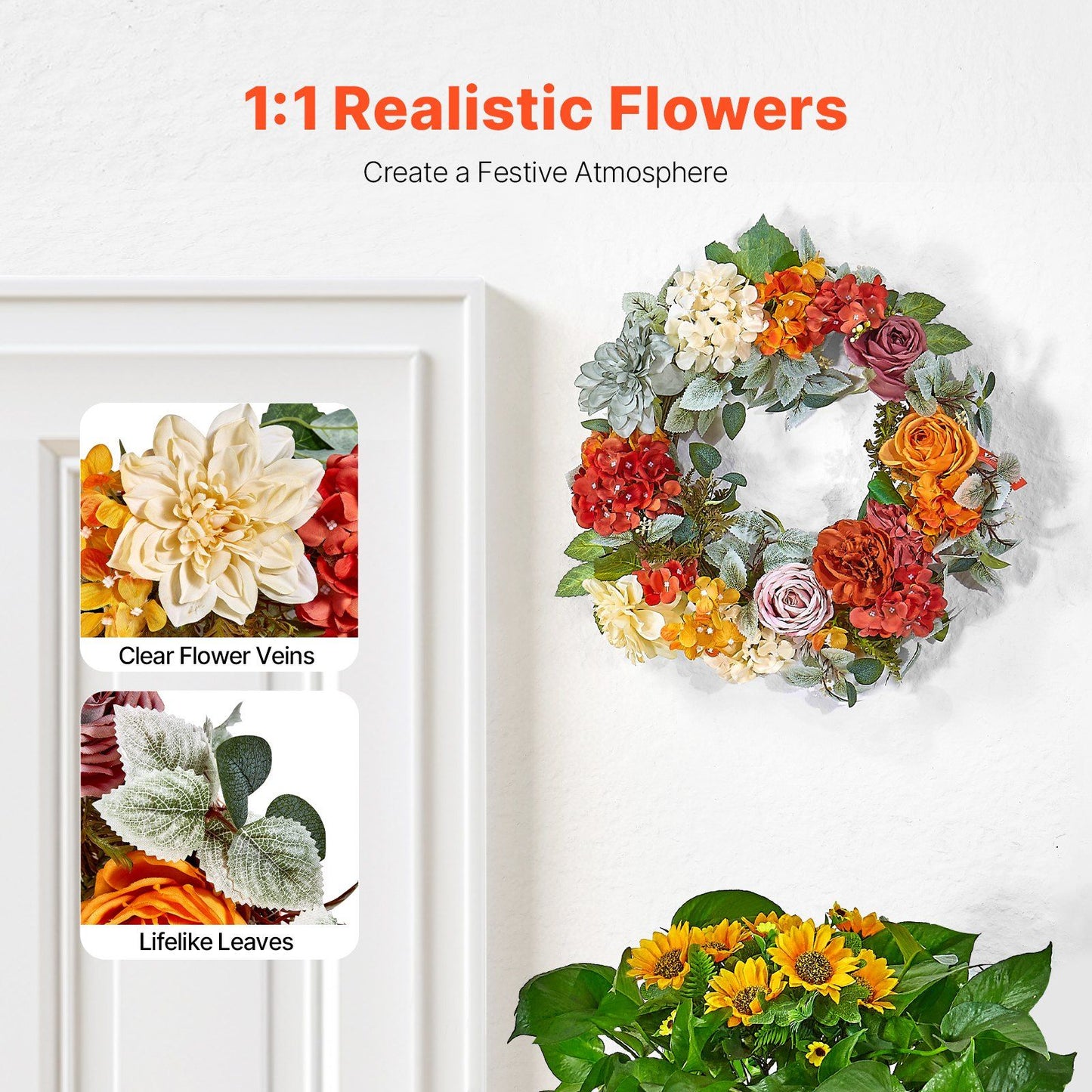 Colorful artificial hydrangea rose wreath with realistic flowers and lifelike leaves hanging on white wall