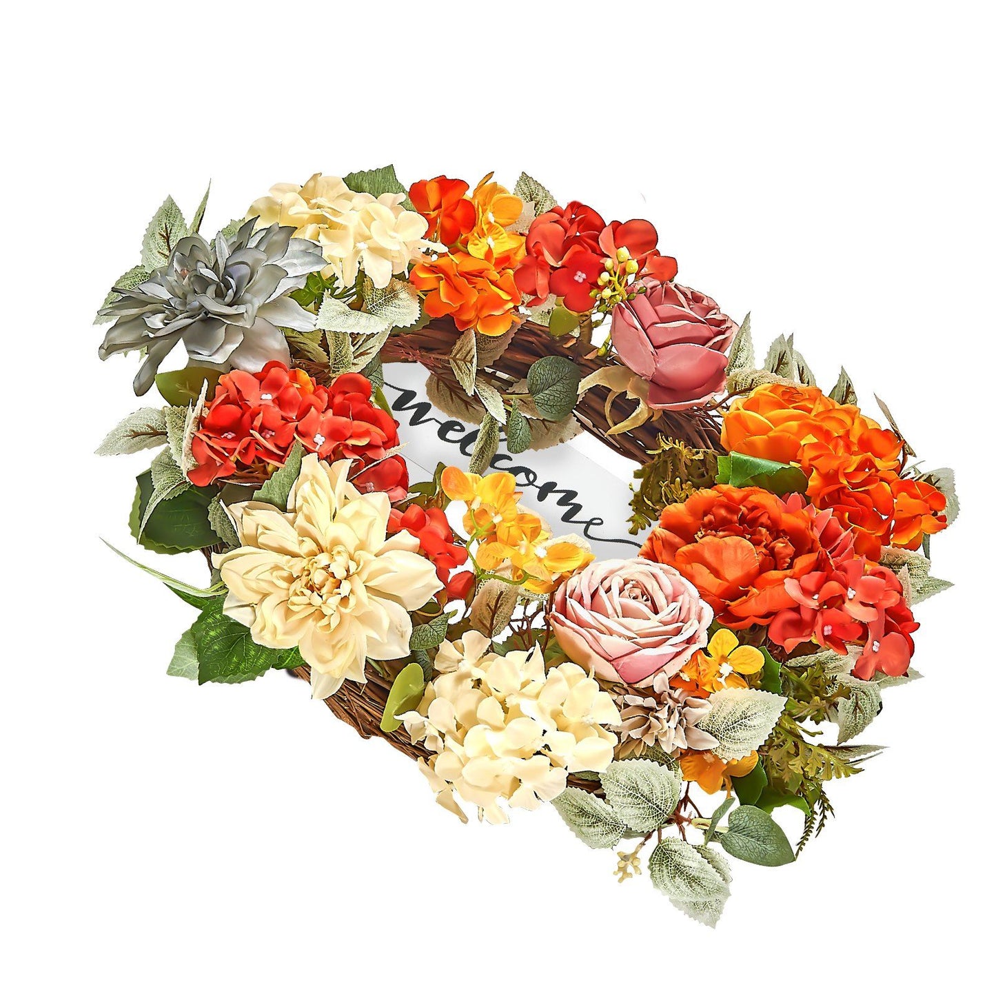 Colorful artificial hydrangea rose wreath with red, orange, cream flowers and green leaves on grapevine base
