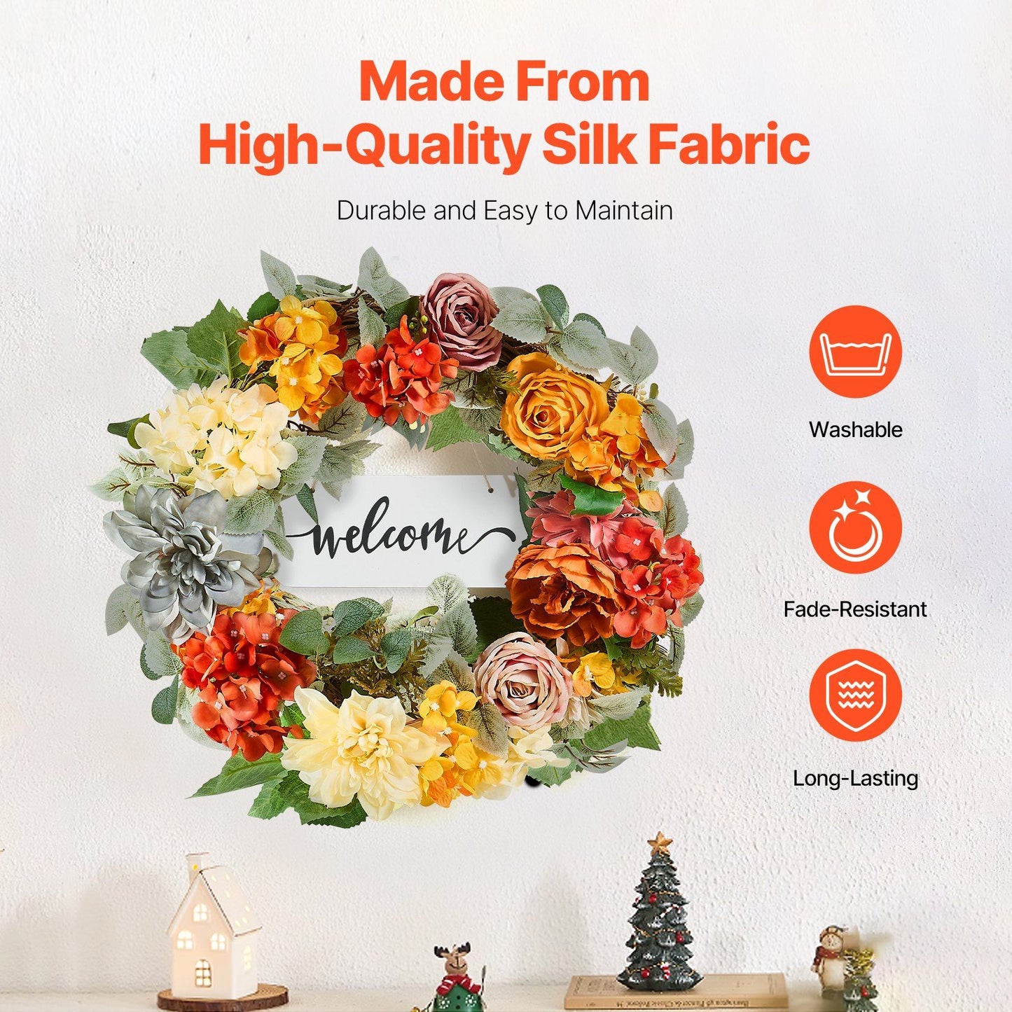 Artificial hydrangea rose wreath made from high-quality silk fabric with vibrant fall colors and welcome sign