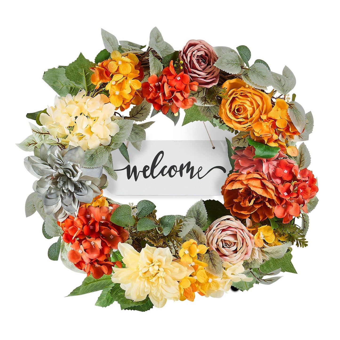 Artificial hydrangea rose wreath with colorful flowers and green leaves featuring a welcome sign