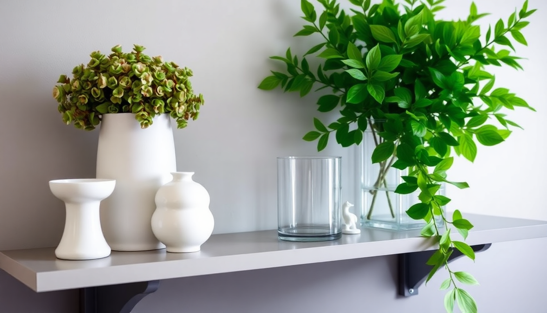 Elegant shelf arrangement with lush faux greenery