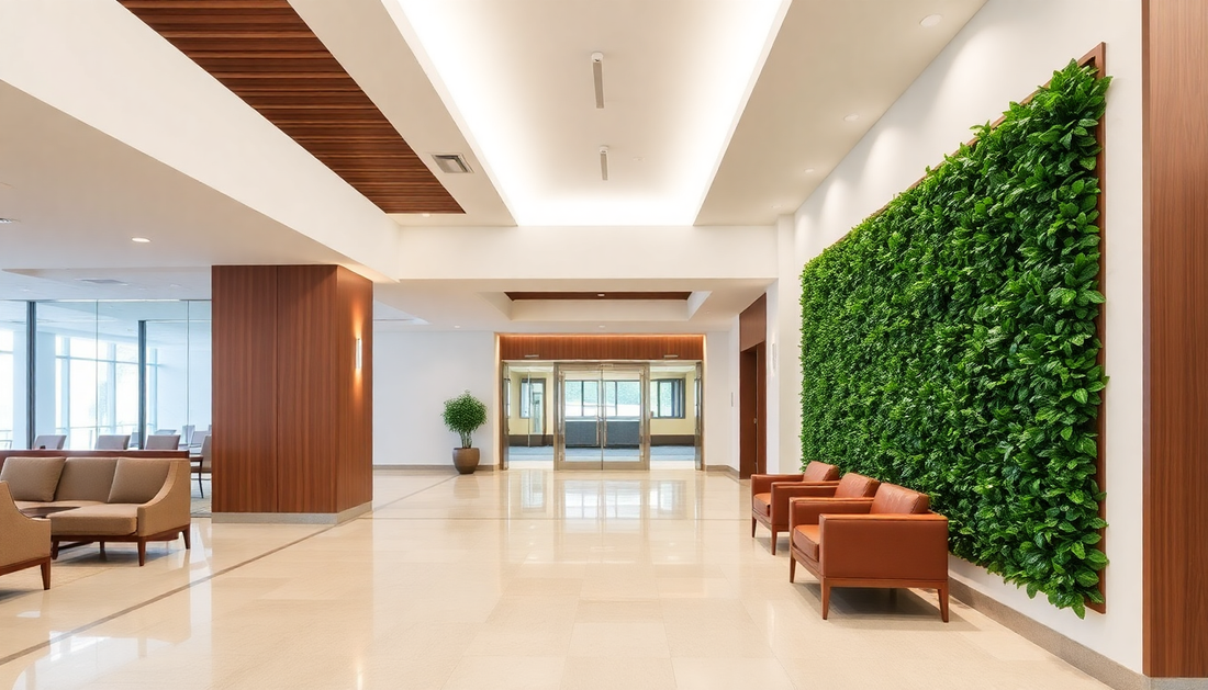 Artificial boxwood panels enhancing a modern commercial lobby