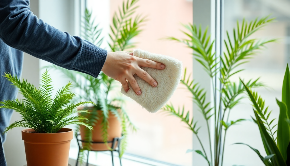 A person gently dusting realistic faux plants indoors