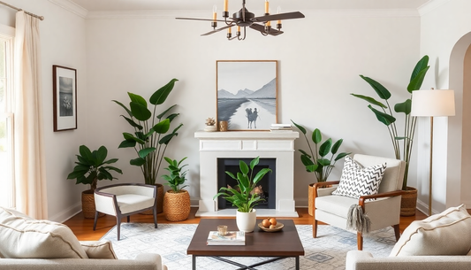 A stylish living room decorated with affordable faux plants