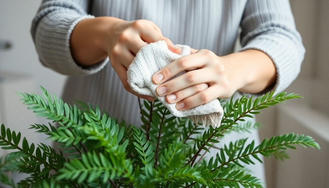 A person carefully cleaning a faux plant with a soft cloth