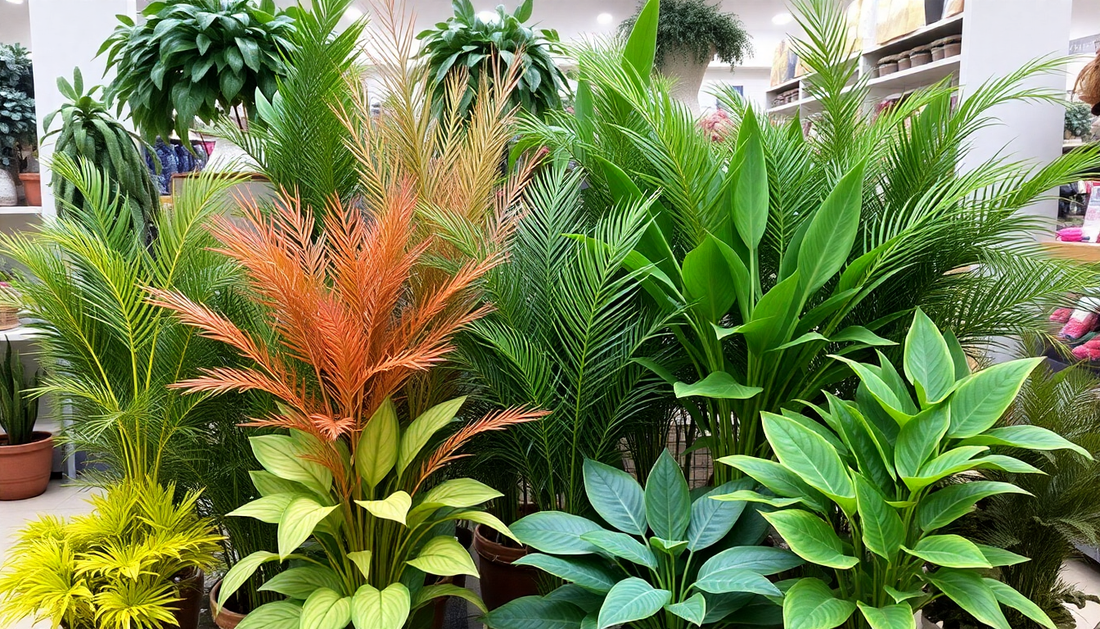 A variety of realistic fake plants displayed in a store