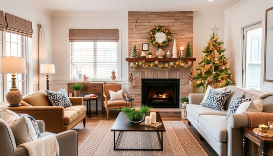 A cozy living room decorated with seasonal faux decor