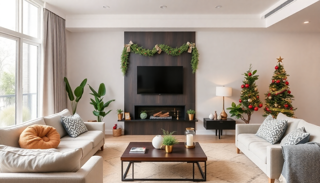 Modern living room with latest artificial plants and holiday decor