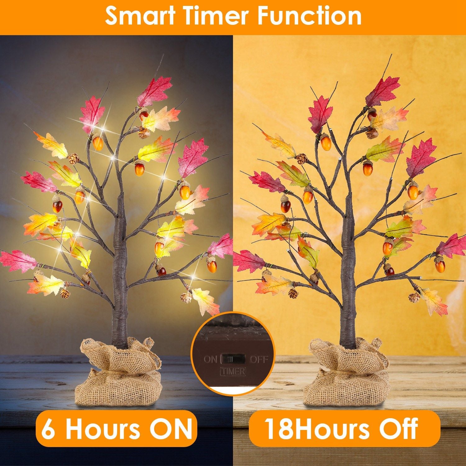 Faux autumn tree with LED lights and colorful leaves featuring a smart timer function with 6 hours on and 18 hours off