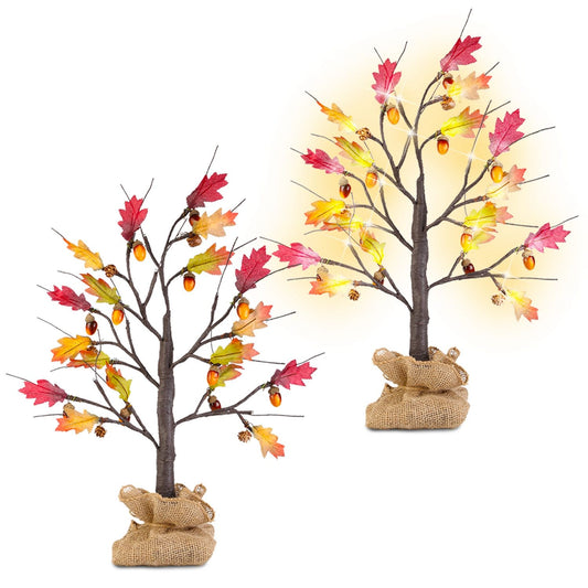 Set of two FauxMart artificial autumn trees with colorful leaves and acorns on burlap bases