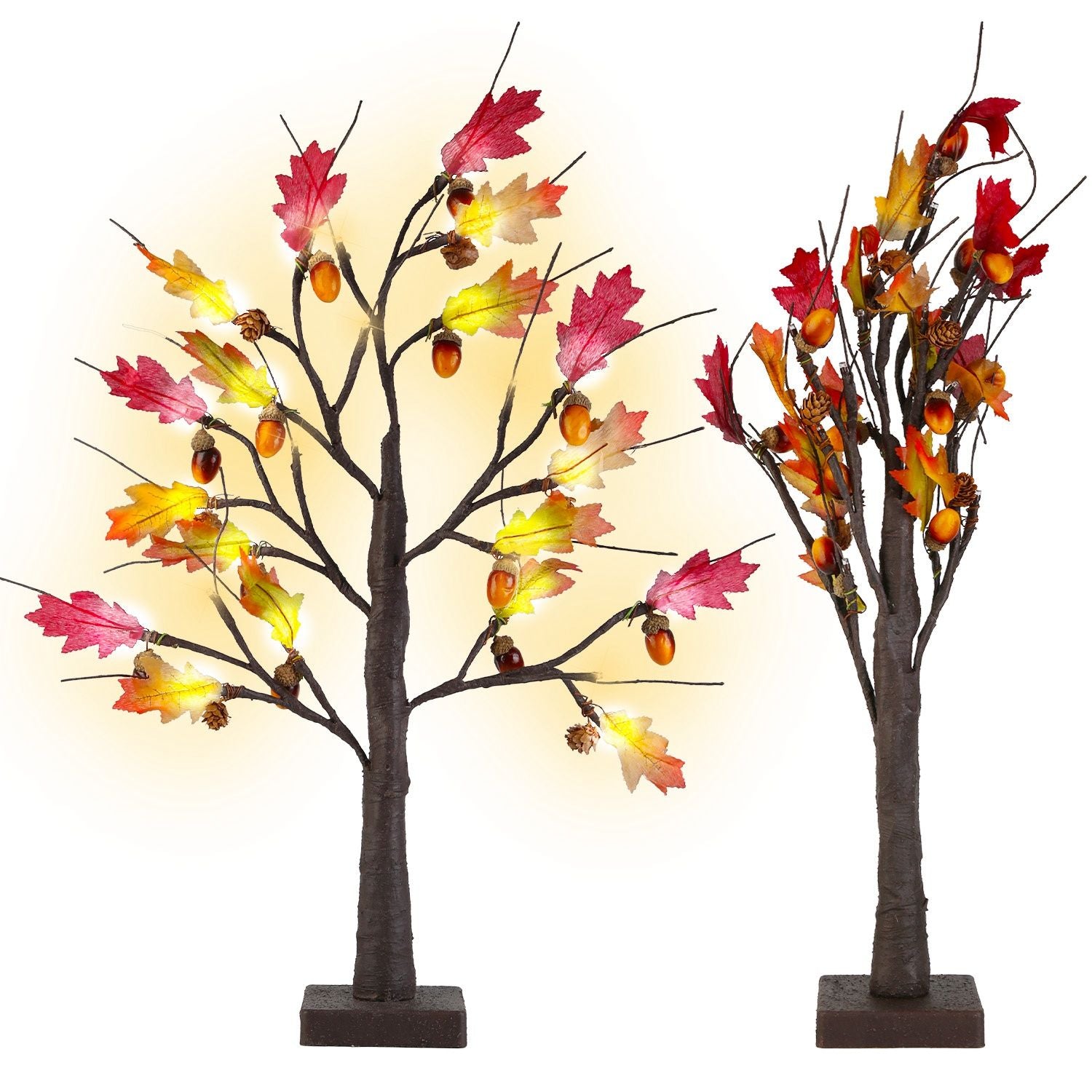 FauxMart autumn LED lighted decorative trees with colorful fall leaves and acorns for seasonal decor