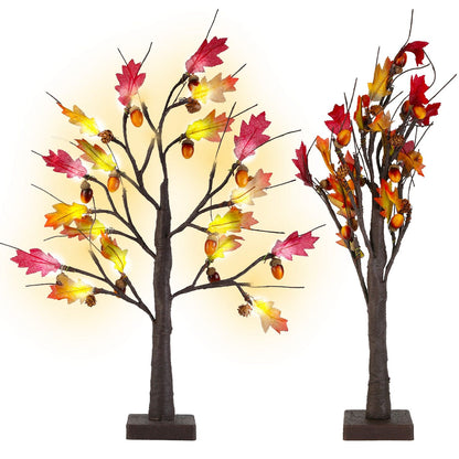 FauxMart autumn LED lighted decorative trees with colorful fall leaves and acorns for seasonal decor