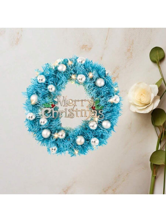 24 inch blue Christmas wreath adorned with pearls and a Merry Christmas greeting
