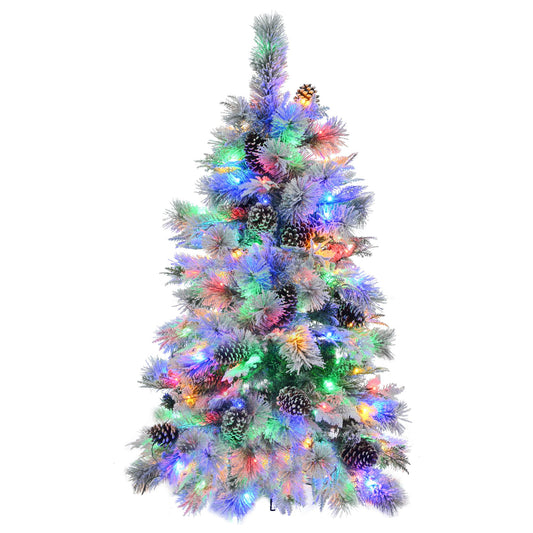 4ft pre-lit snow flocked Christmas tree with colorful LED lights and pine cone decorations from FauxMart.com