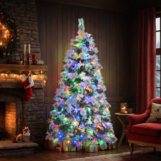 6ft pre-lit Christmas tree with snow flocking and multicolor lights in cozy living room