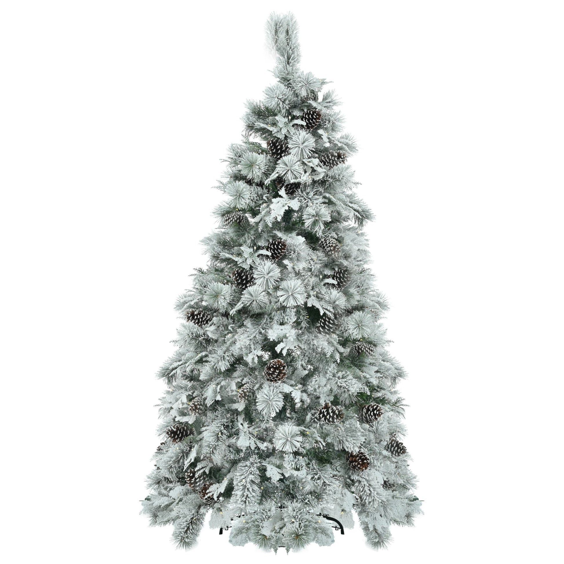 FauxMart.com 6ft pre-lit Christmas tree with snow flocking and pinecone accents for holiday decor